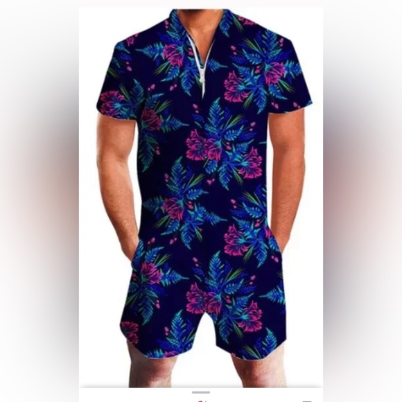 Goodstoworld Male Hawaiian Romper Fashion Zipper Slim Fit Jumpsuit with … - Picture 1 of 14